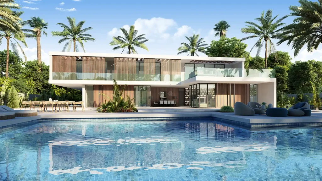 3D architectural rendering of luxury European villa with seamless indoor-outdoor pool connection
