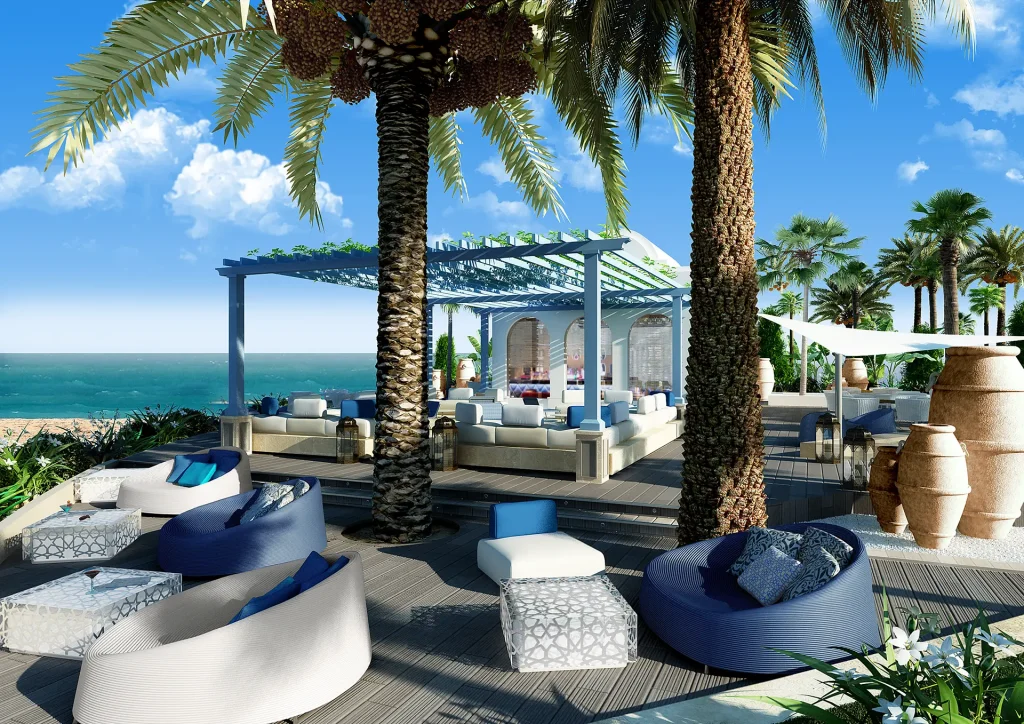 Beach club interior visualization with ocean view and white lounge furniture