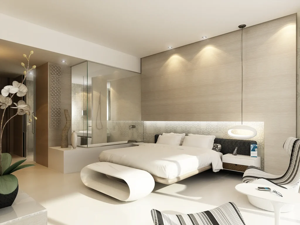Photorealistic 3D interior rendering of luxury hotel suite bedroom with neutral tones