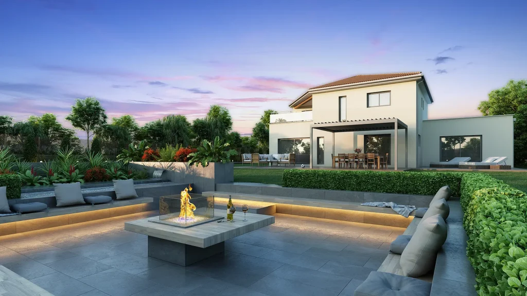 3D visualization of a luxury villa backyard featuring a large seating area and central bonfire pit