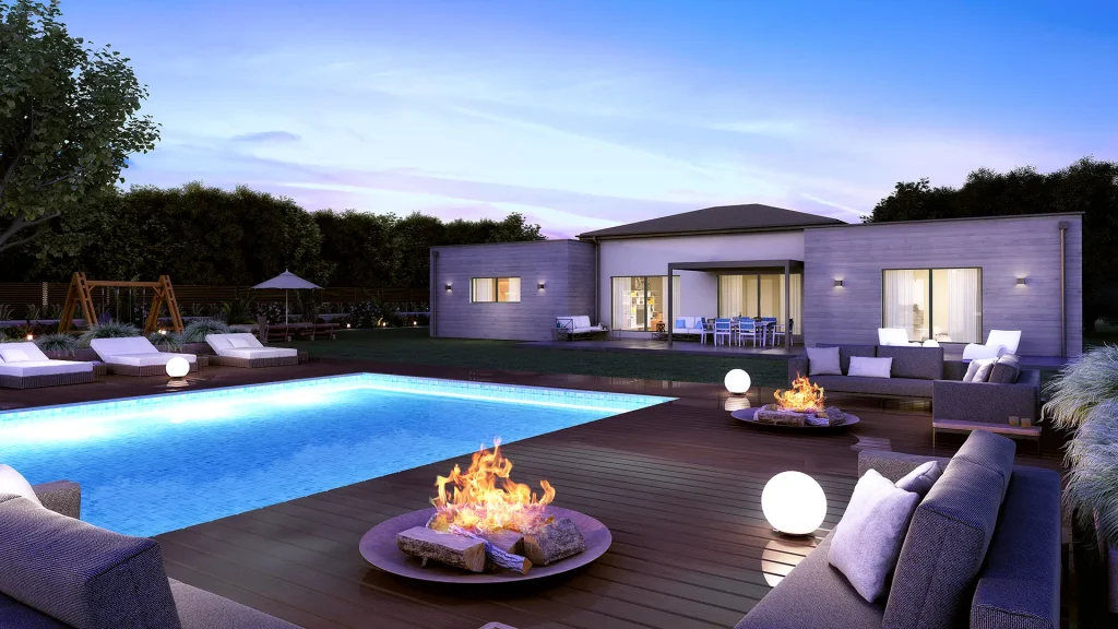 Architectural visualization of single-story villa exterior with large swimming pool and patio deck