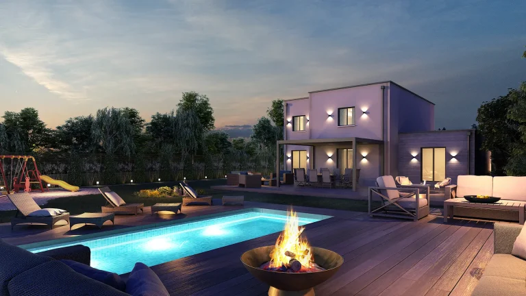 3D architectural render of a luxury backyard with pool, fire pit, and stone boundary at twilight