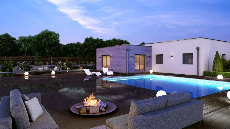 3D render of modern villa backyard with pool, wooden deck, firepit, and open seating