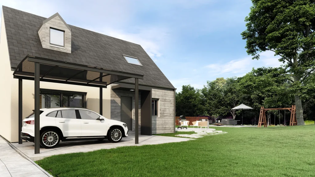 Photorealistic 3D visualization of a modern residential carport and tailored backyard with stone paving.