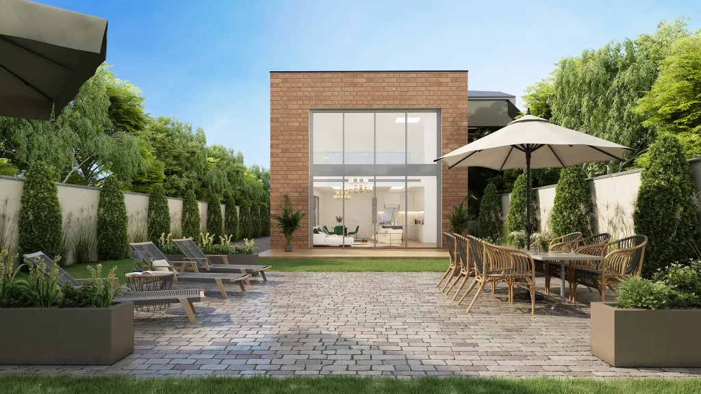 My photorealistic 3D rendering of villa backyard with brick patio, dining area, and lush green hedging