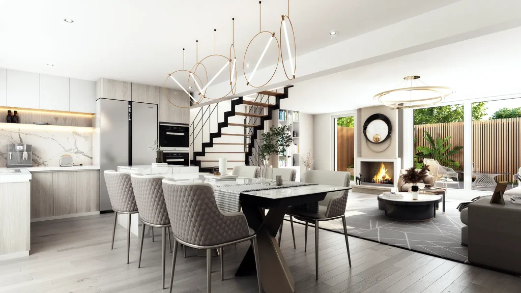 Modern penthouse open-plan living area visualization with white kitchen, dining space, and central feature staircase.