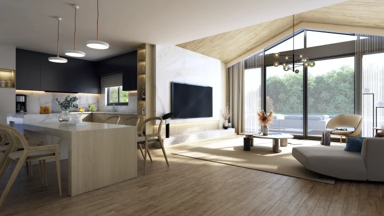 Modern villa interior visualization: open kitchen and living room with vaulted ceiling and glass doors overlooking the pool.