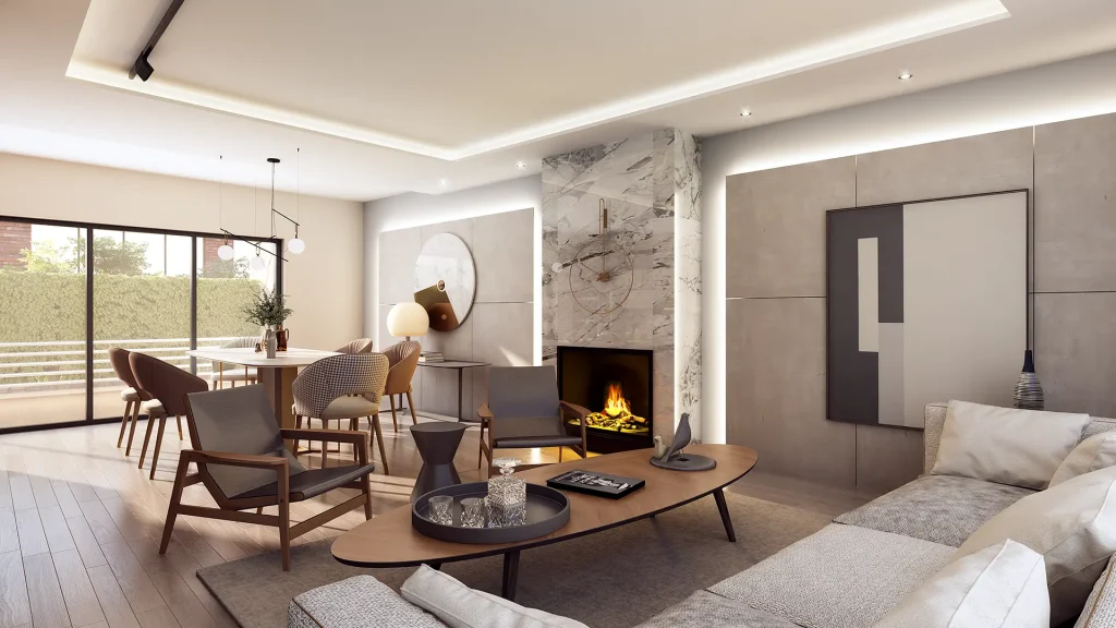 Modern apartment living room visualization with contemporary fireplace, natural stone accent wall, and recessed lighting.