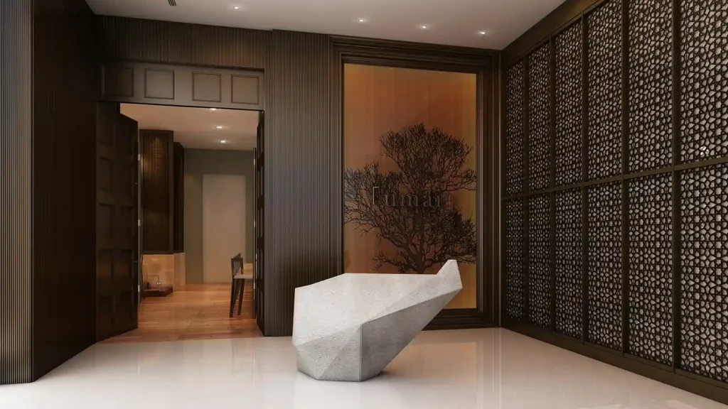 3D visualization of hotel restaurant entrance with Japanese-inspired wood screen
