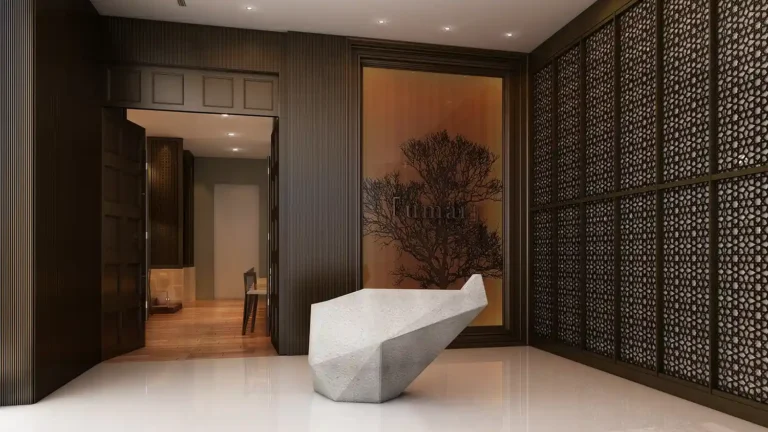 3D visualization of hotel restaurant entrance with Japanese-inspired wood screen
