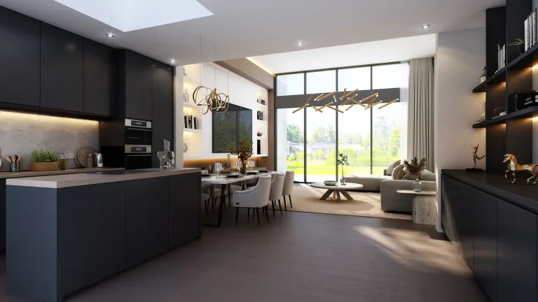 3D visualization of modern open-plan kitchen and living area in black and grey tones.