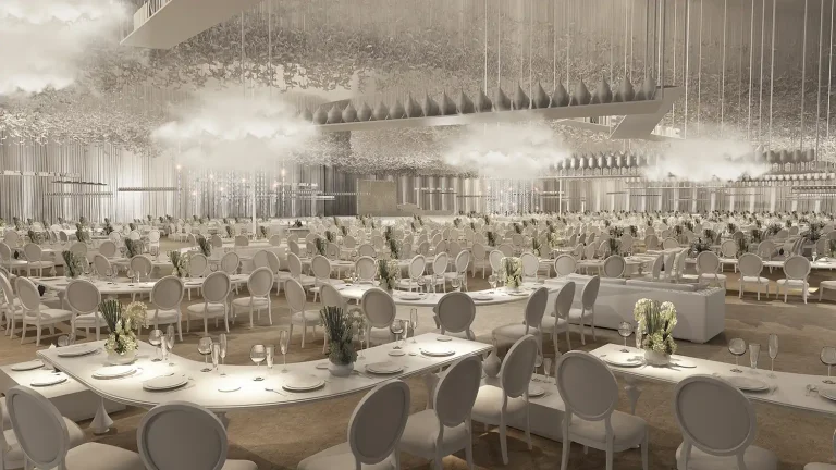 Photorealistic render of elegant VVIP wedding dining tables and sophisticated chairs