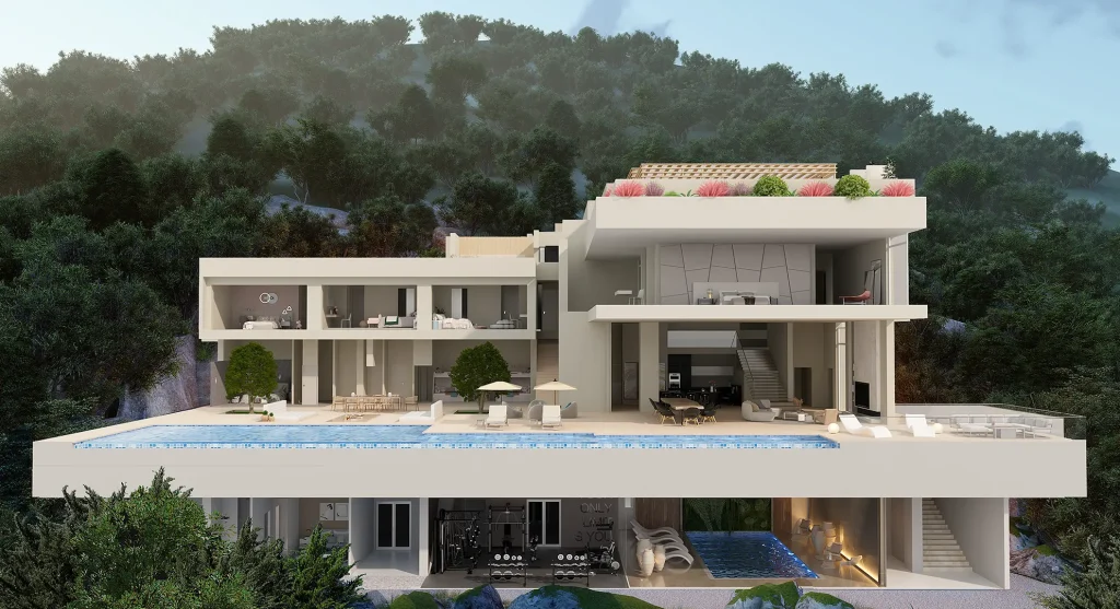Exterior 3D section view of European seaside villa with infinity pool