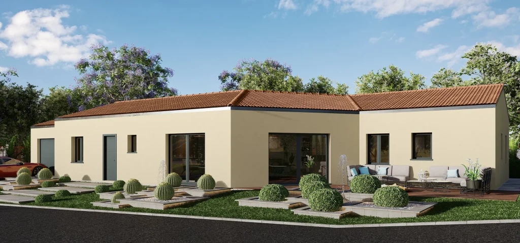 Single-story villa exterior visualization showing the patio, backyard, and private seating area