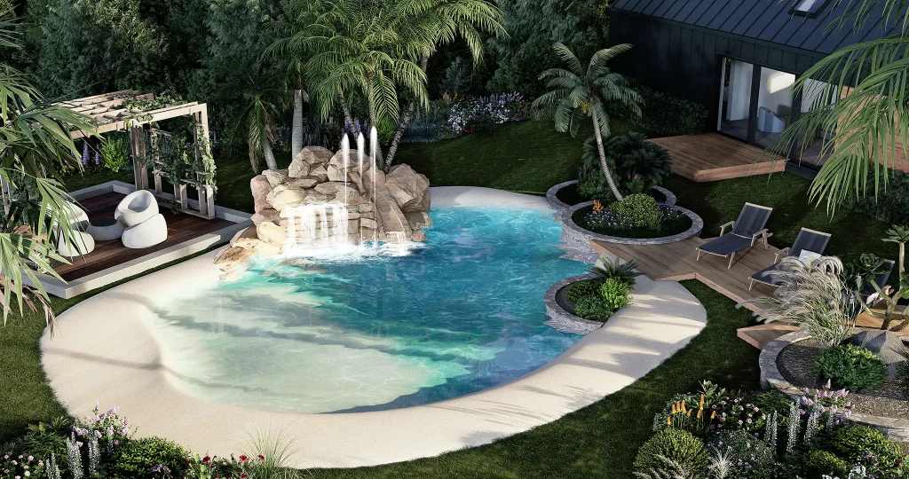 Photorealistic 3D rendering of beach-inspired backyard pool with stone waterfall