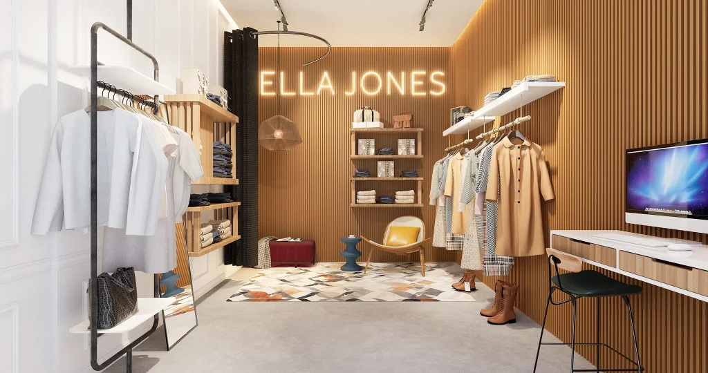 3D interior rendering of modern clothing boutique with custom wood paneling
