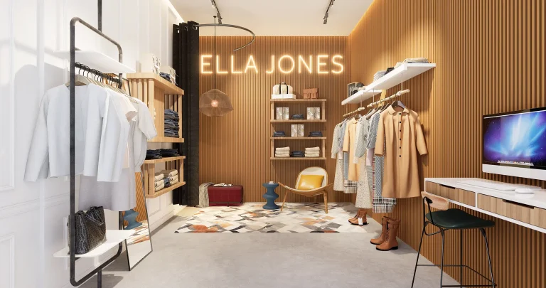 3D interior rendering of modern clothing boutique with custom wood paneling