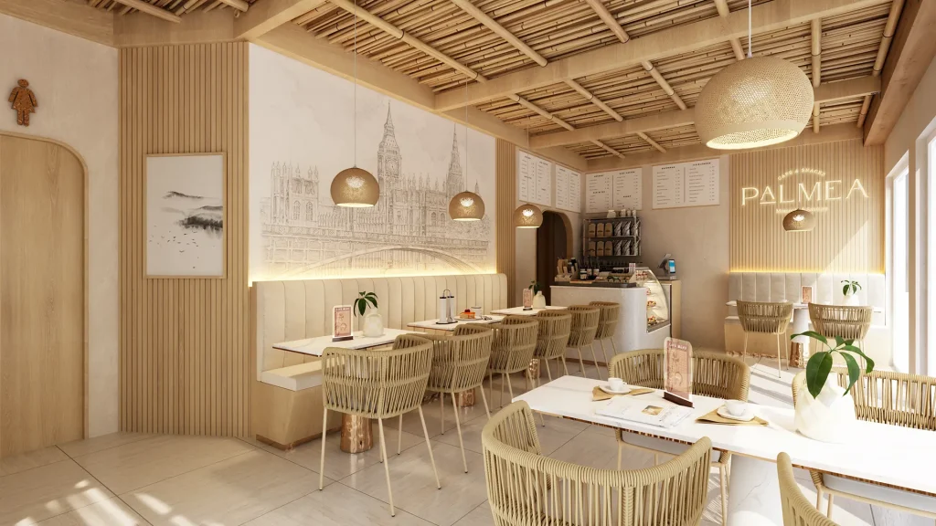 Interior visualization of bamboo coffee shop seating area and pastry counter