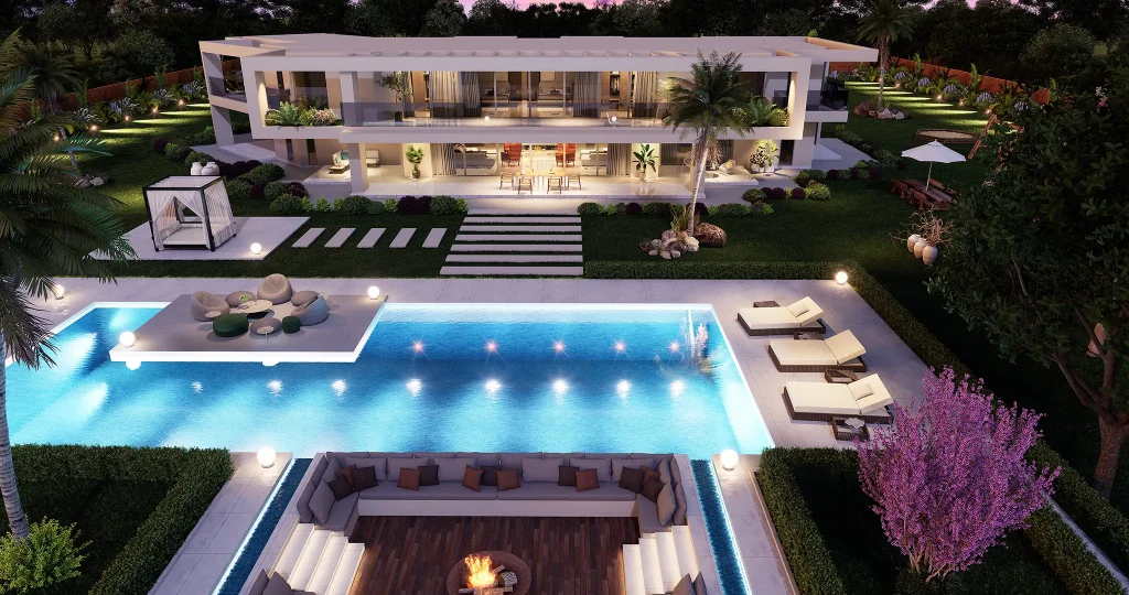 Aerial view 3D rendering of luxury European villa pool, decking, and bonfire area