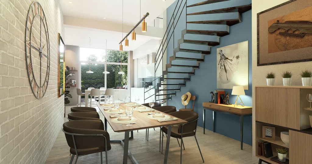 Modern open-plan dining area 3D render with floating staircase and contemporary industrial lighting fixture.