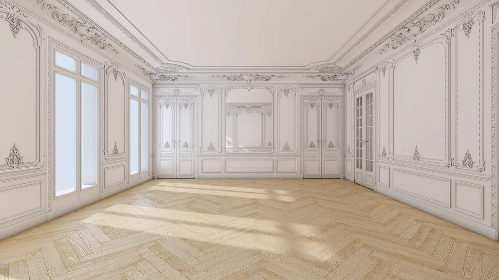 3D architectural render of a luxury apartment living room wall with intricate white classical molding and detailed paneling.