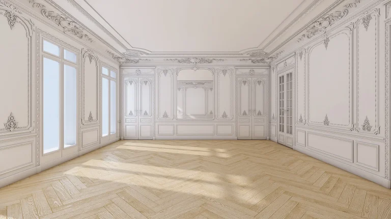 3D architectural render of a luxury apartment living room wall with intricate white classical molding and detailed paneling.