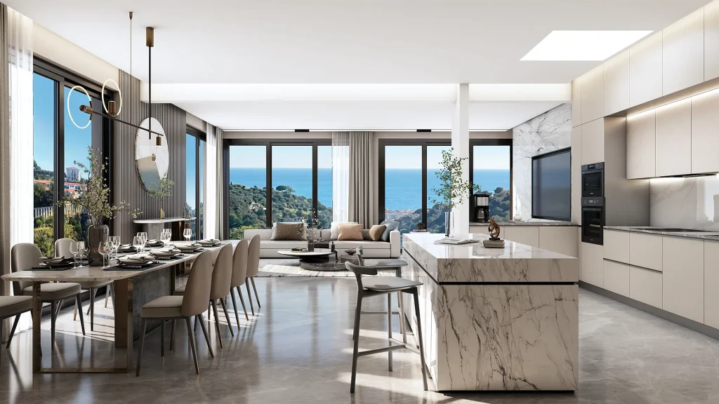 Modern sea-view villa kitchen and dining area with marble island, open plan layout, and panoramic views.