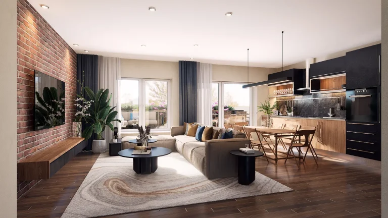 3D architectural render of a typical modernized 2-bedroom apartment kitchen, featuring minimalist design and integrated appliances.