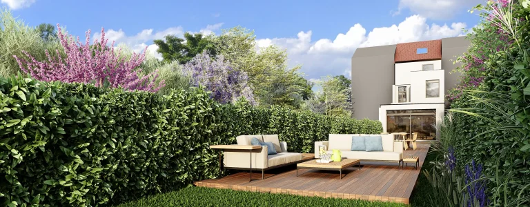 3D visualization of a lush green backyard garden with high hedge, wooden deck, and modern outdoor seating area.