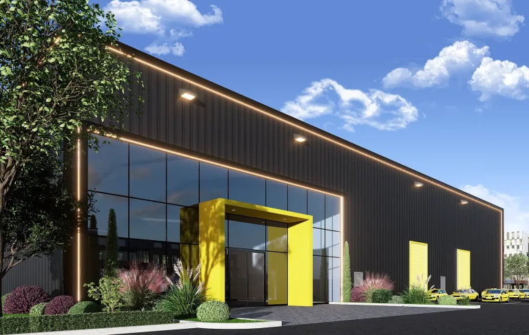 Exterior 3D rendering of commercial warehouse and taxi office facade