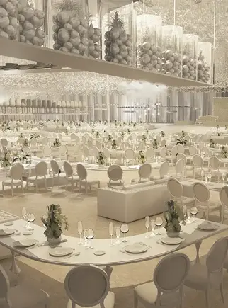 Custom 3D rendering of a surreal all-white event space with tables, chairs, and unique cloud ceiling installations.
