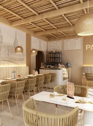 3D interior rendering of a modern European coffee shop, featuring rattan chairs, a light wood design, and a large city mural on the wall.