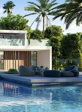 Photorealistic 3D rendering of a modern luxury villa with a swimming pool, outdoor patio, and tropical landscaping.