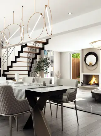 3D interior rendering of a modern open-plan residential space with a dining area, living room with a fireplace, and elegant staircase.