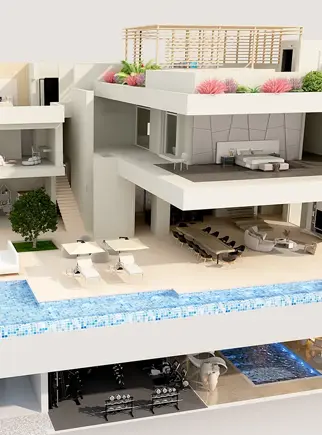 Detailed 3D floor plan cutaway view of a modern multi-story house, showing all rooms, an outdoor pool, and a basement gym.