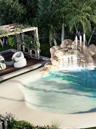 3D landscape rendering of a luxurious tropical backyard with a custom swimming pool, rock waterfall, and a modern outdoor seating area.