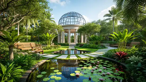 Photorealistic 3D landscape rendering of a lush tropical garden with a glass-domed gazebo, a lily pond, and paved stepping stones under a sunny sky.